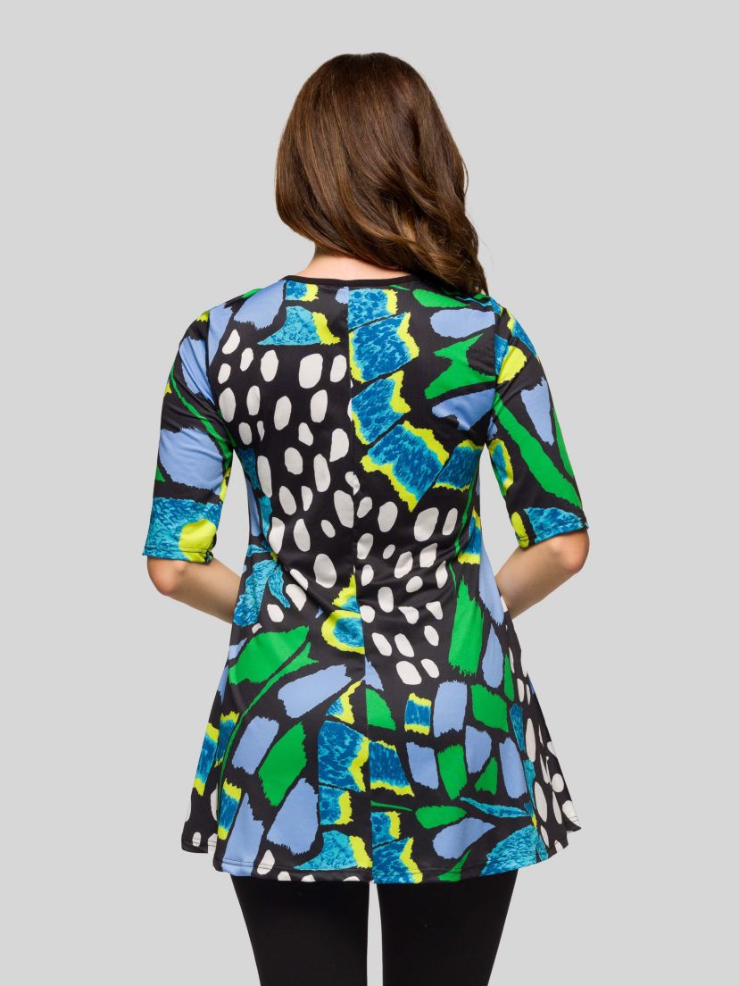 Womens Blue Butterfly Print Elbow Sleeve Casual Tunic Top