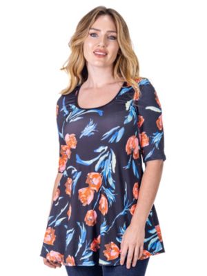 24seven Comfort Apparel Womens Black Tulip Print Elbow Sleeve Casual Tunic Top