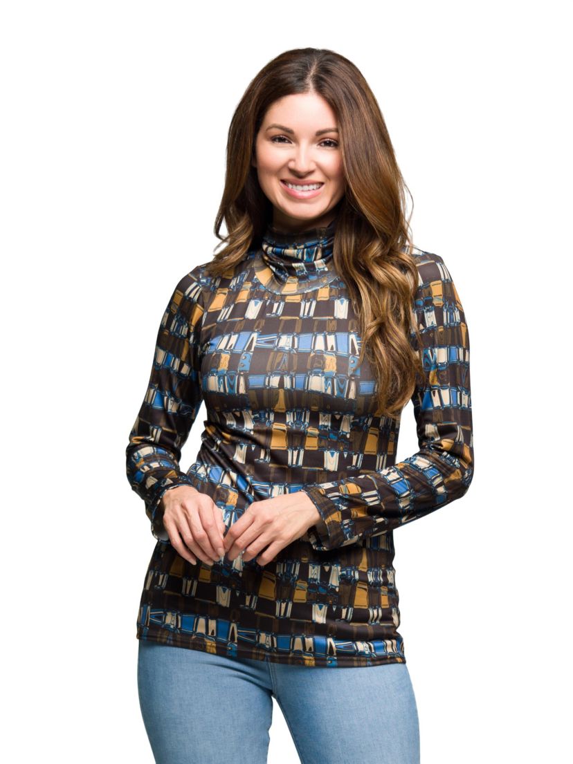 Womens Mock Neck Long Sleeve Printed Top