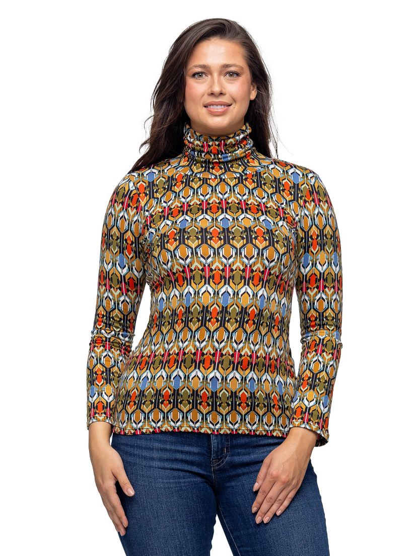Womens Multicolor Geo Pring Long Sleeve Turtle Neck Top