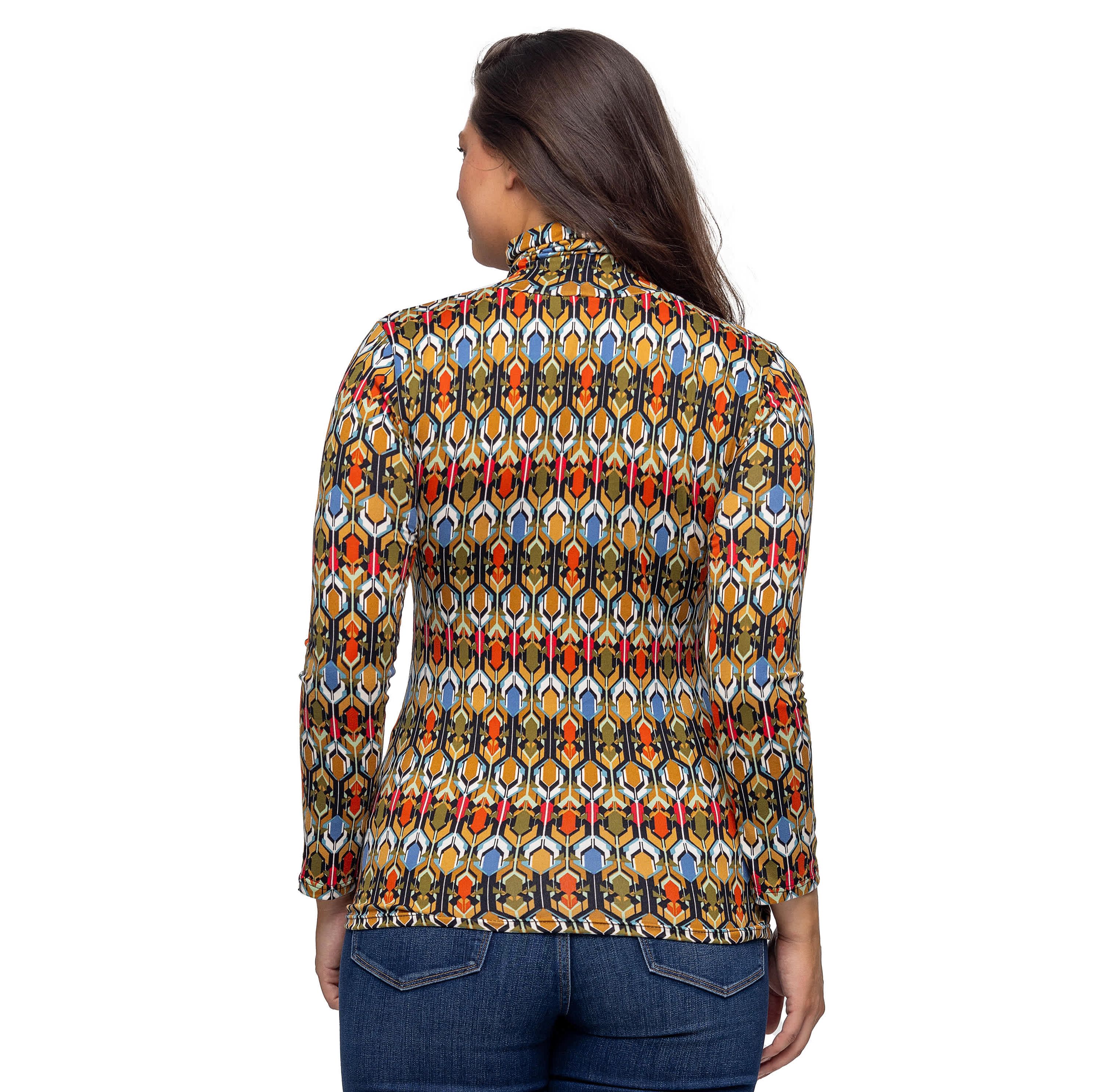 Womens Multicolor Geo Pring Long Sleeve Turtle Neck Top