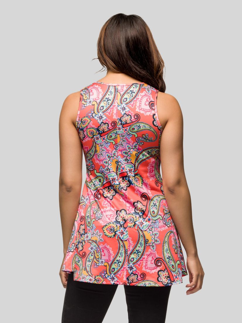 Womens Casual Pink Paisley Print Scoop Neck Tank Top