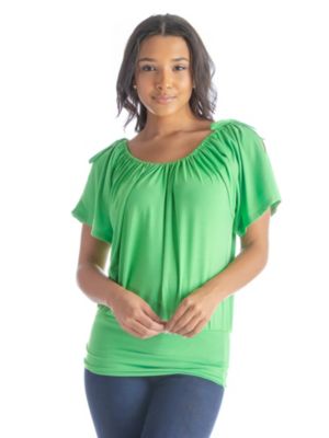 24seven Comfort Apparel Womens Solid Color Short Sleeve Split Shoulder Top