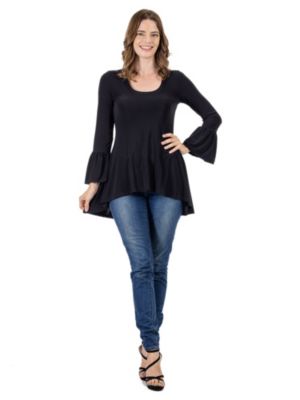 24seven Comfort Apparel Women's Long Bell Sleeve High Low Tunic Top, Black, 1X