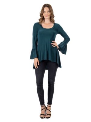 24seven Comfort Apparel Women's Long Bell Sleeve High Low Tunic Top, Small