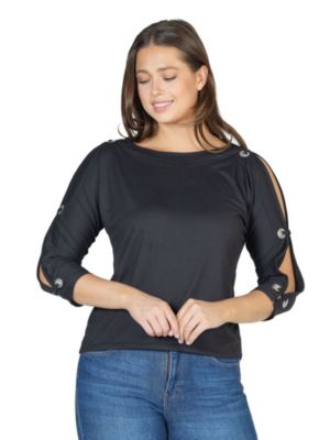 24seven Comfort Apparel Women's Three Quarter Sleeve Boatneck Cold Shoulder Top with Grommet Detail