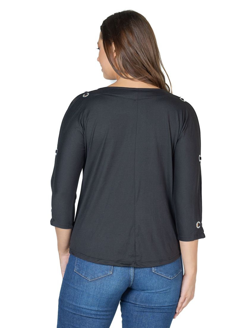 Three Quarter Sleeve Boatneck Cold Shoulder Top with Grommet Detail
