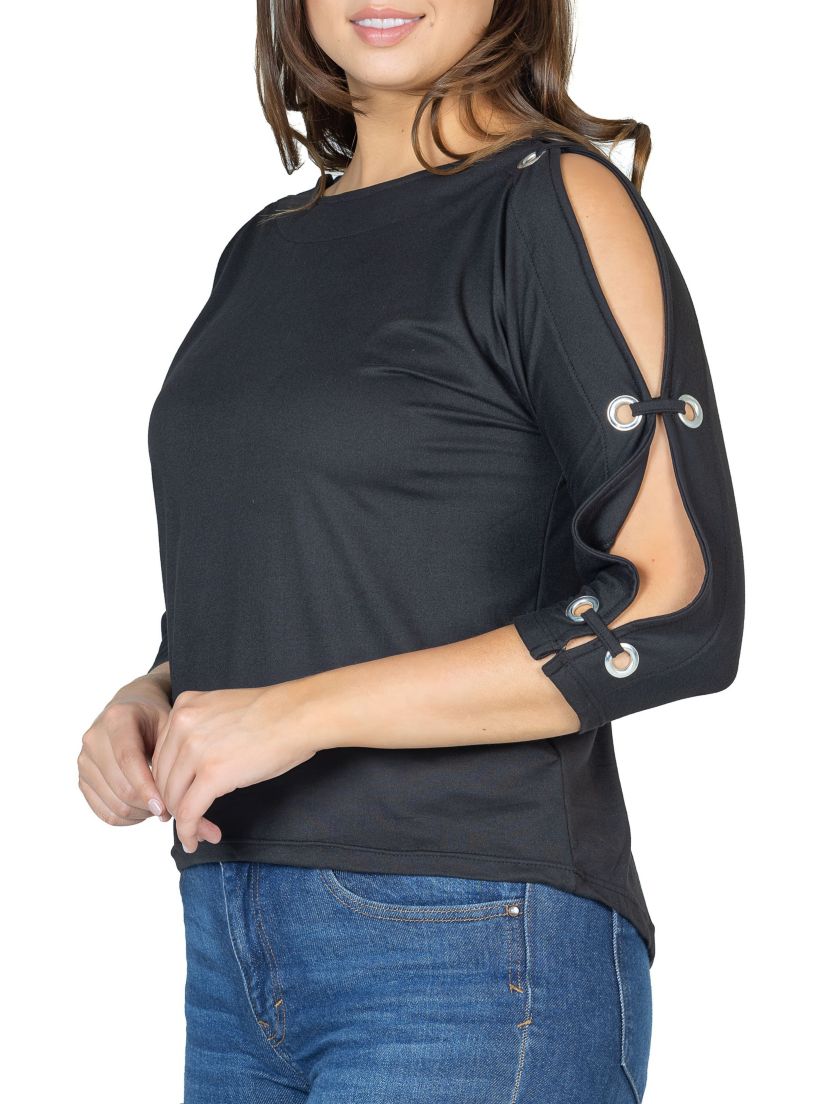 Three Quarter Sleeve Boatneck Cold Shoulder Top with Grommet Detail