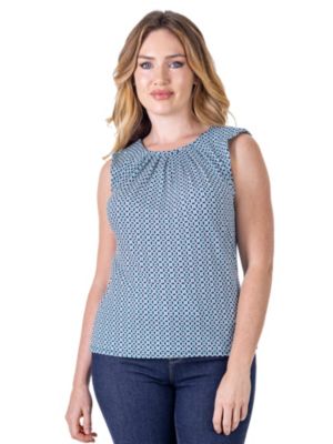 24seven Comfort Apparel Womens Blue Print Pleated Crew Neckline Back Closure Sleeveless Top
