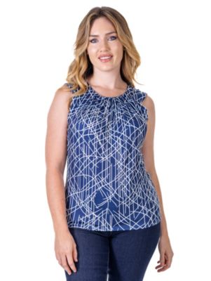 24seven Comfort Apparel Womens Navy Print Pleated Crew Neckline Back Closure Sleeveless Top