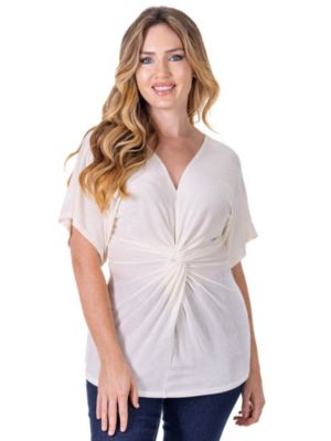 24seven Comfort Apparel Womens V Neck Knot Front Kimono Sleeve Top