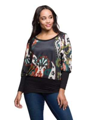 24seven Comfort Apparel Womens Paisley Multicolor Print Dolman Sleeve Banded Top