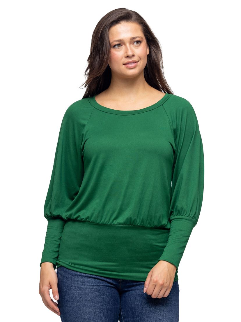 Womens Round Neck Long Blouson Sleeve Banded Bottom Top
