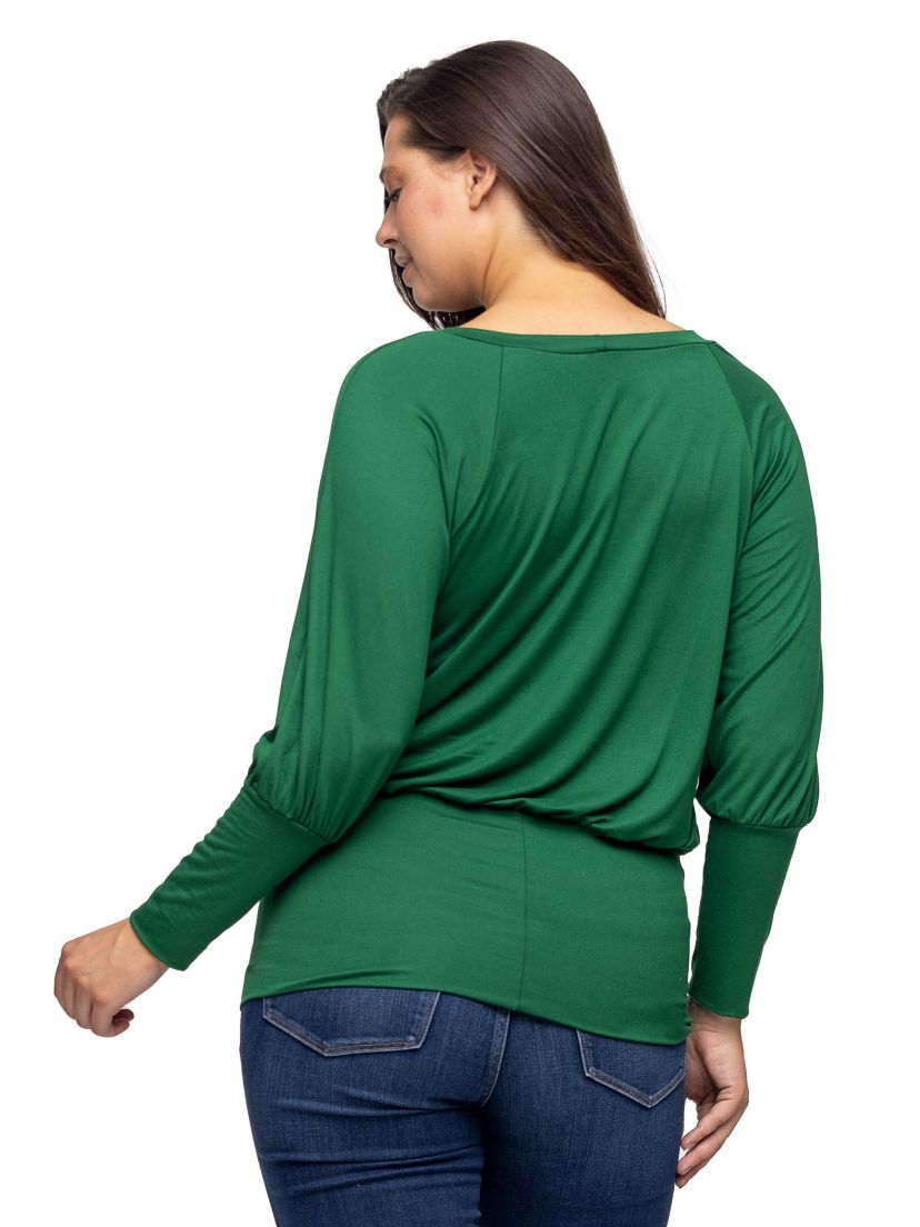 Womens Round Neck Long Blouson Sleeve Banded Bottom Top