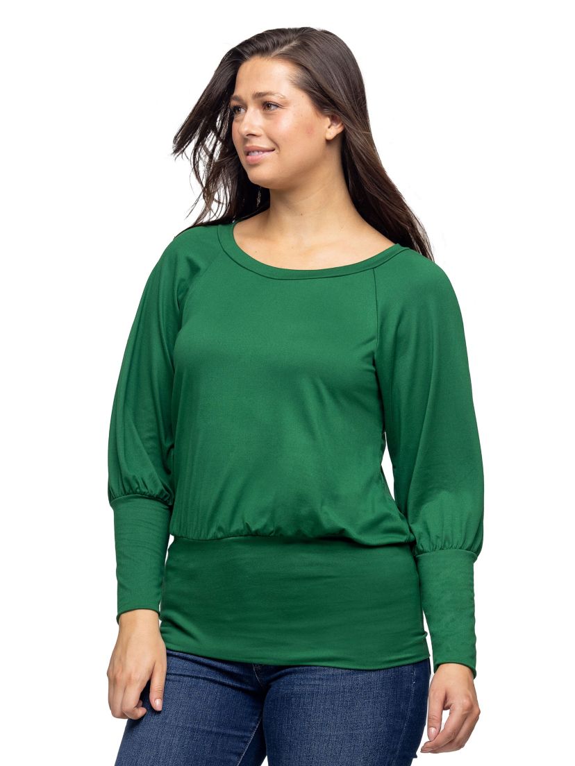 Womens Round Neck Long Blouson Sleeve Banded Bottom Top