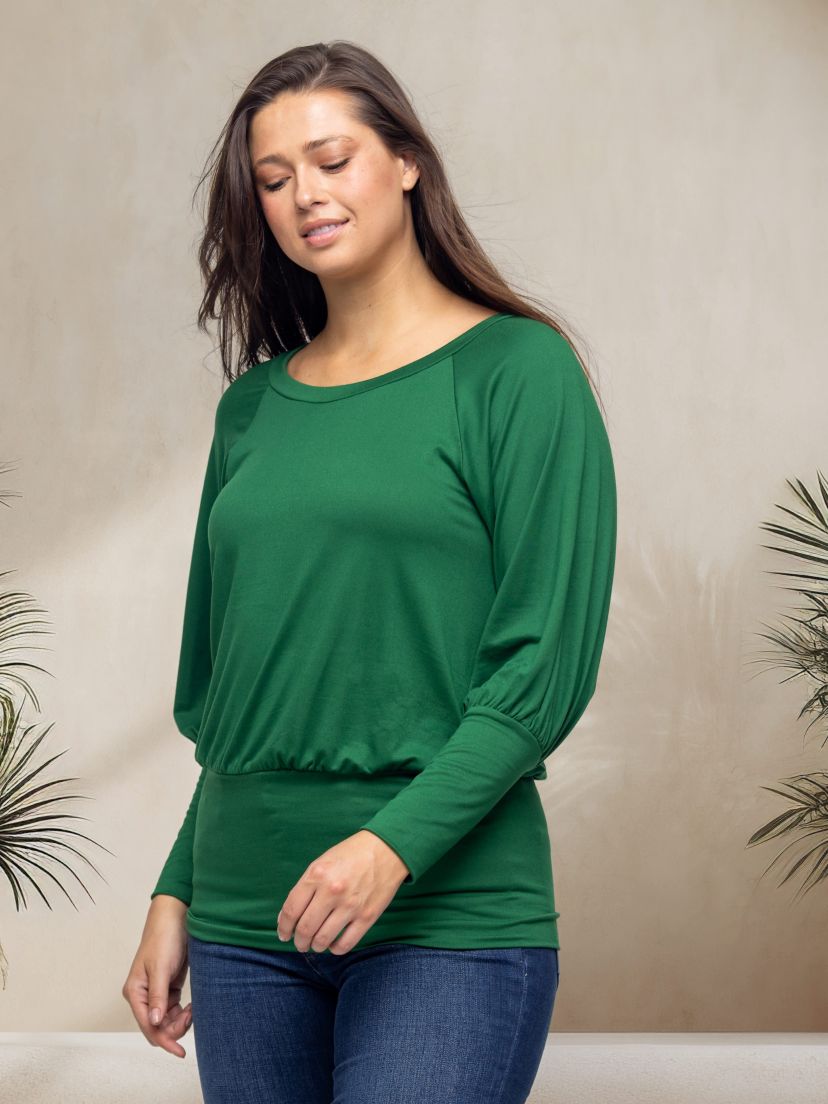 Womens Round Neck Long Blouson Sleeve Banded Bottom Top