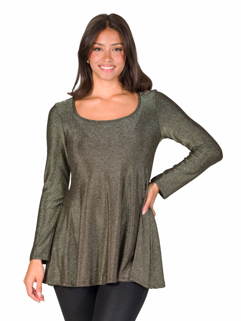 Womens Scoop Neck Long Sleeve Shimmery Fabric Tunic Top