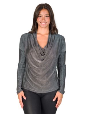 24seven Comfort Apparel Womens Cowl Neck Long Sleeve Shimmery Fabric Top