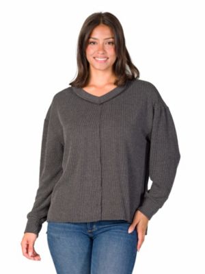 24seven Comfort Apparel Womens Relaxed Fit Ribbed Knit V Neck Sweater Top