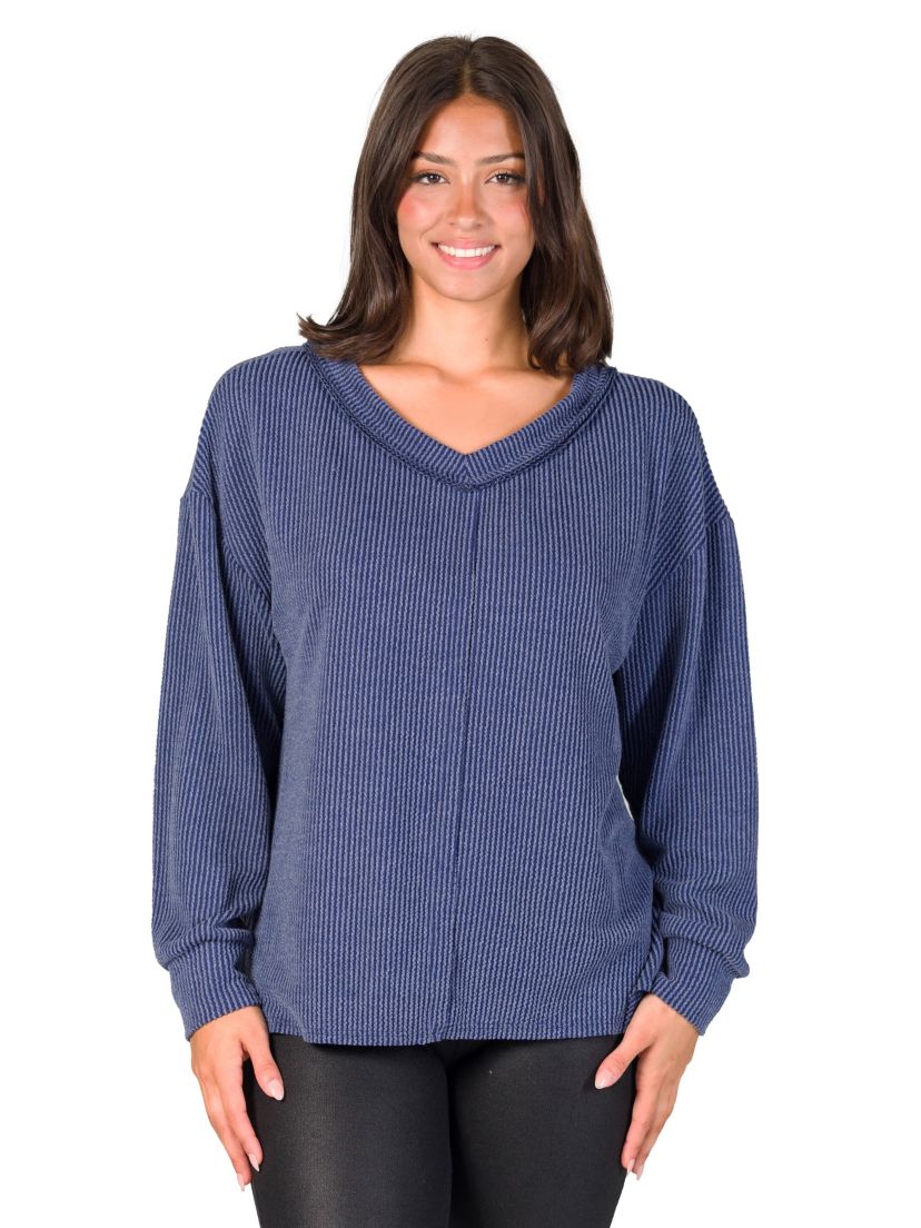 Womens Relaxed Fit Ribbed Knit V Neck Sweater Top