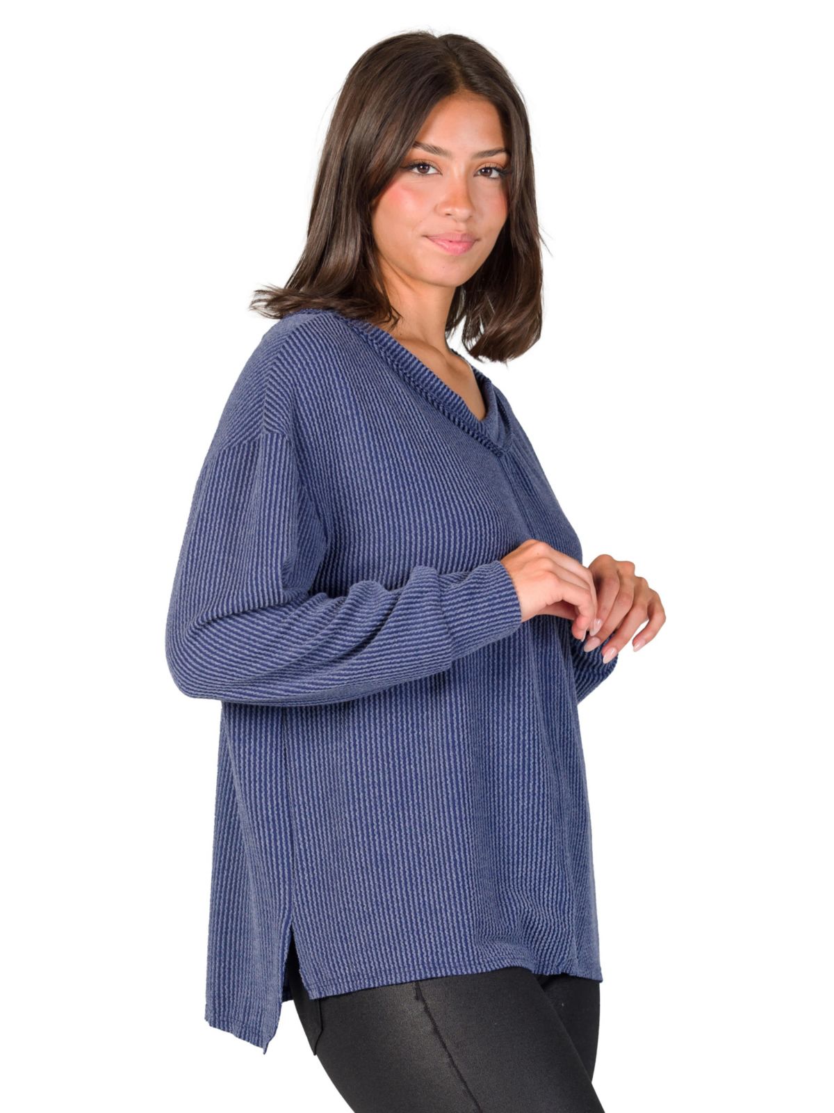 Womens Relaxed Fit Ribbed Knit V Neck Sweater Top
