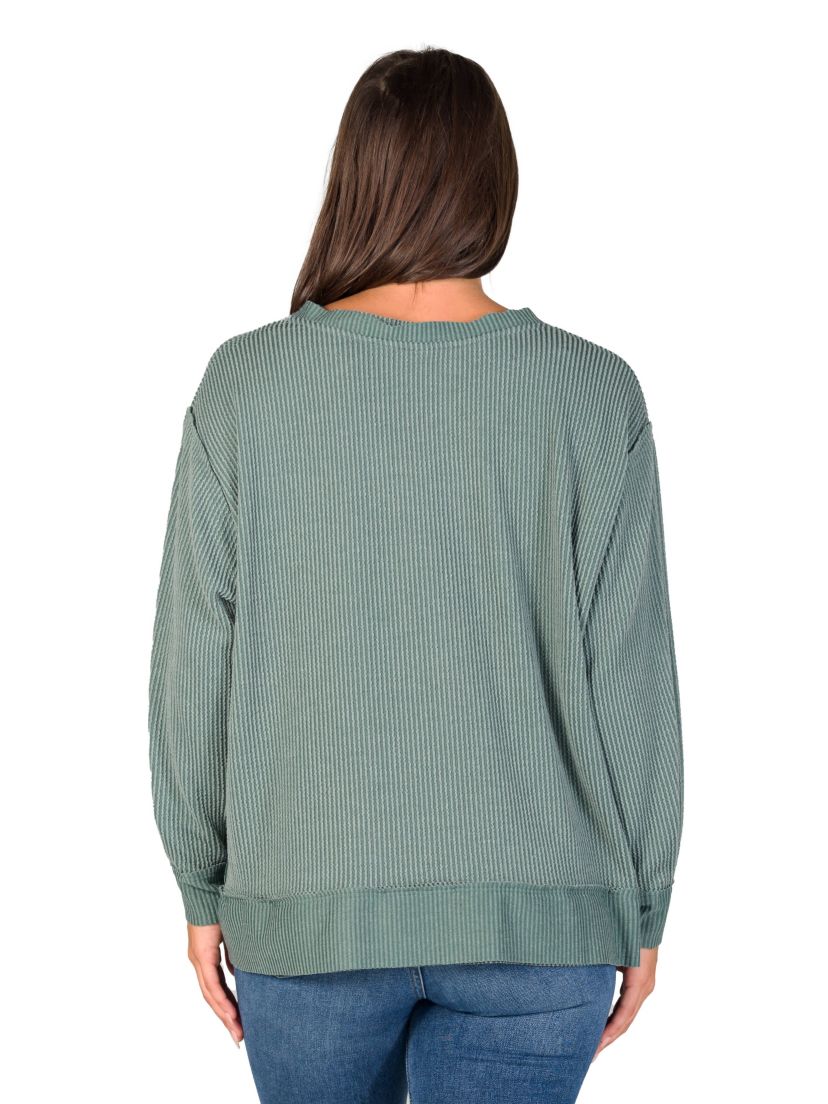 Womens Relaxed Fit Ribbed Knit V Neck Sweatshirt Top