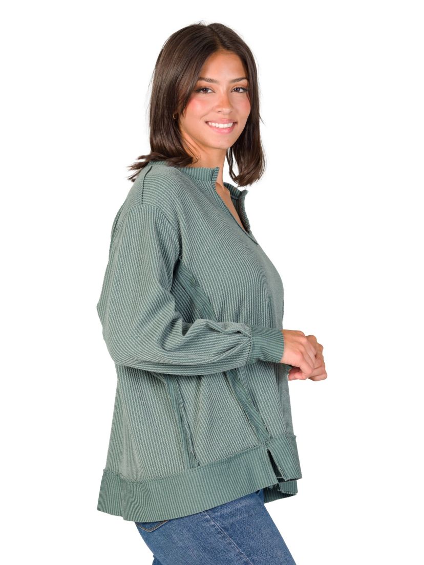 Womens Relaxed Fit Ribbed Knit V Neck Sweatshirt Top