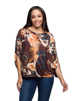 24seven Comfort Apparel Womens Brown Paisley Print Dolman Sleeve Top