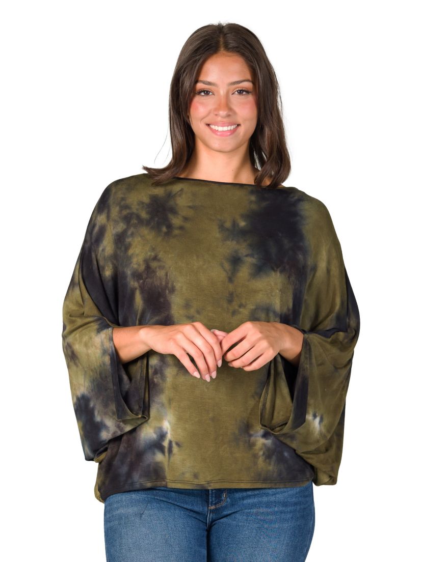 Womens Green Tie Dye Batwing Sleeve Relaxed Fit Top