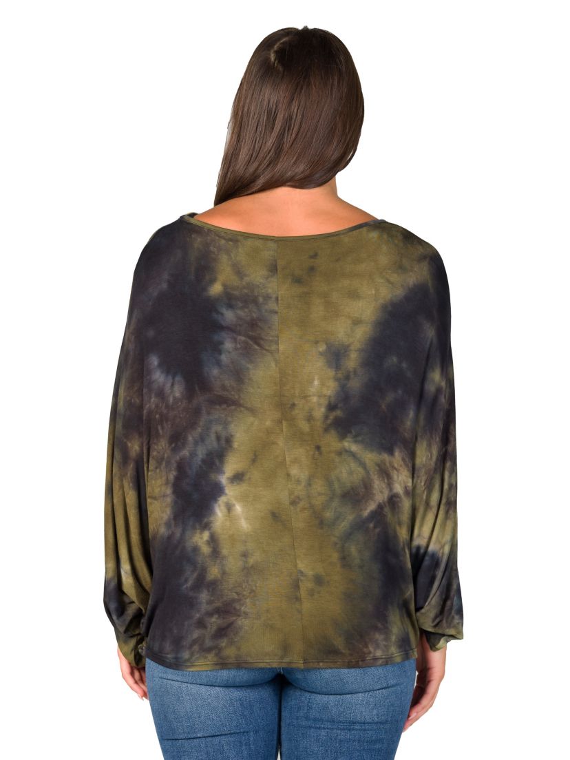 Womens Green Tie Dye Batwing Sleeve Relaxed Fit Top