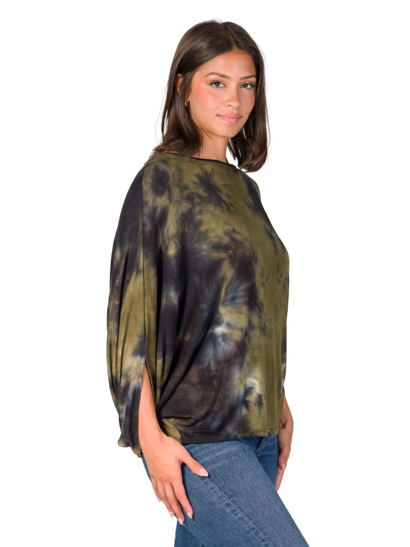 Womens Green Tie Dye Batwing Sleeve Relaxed Fit Top