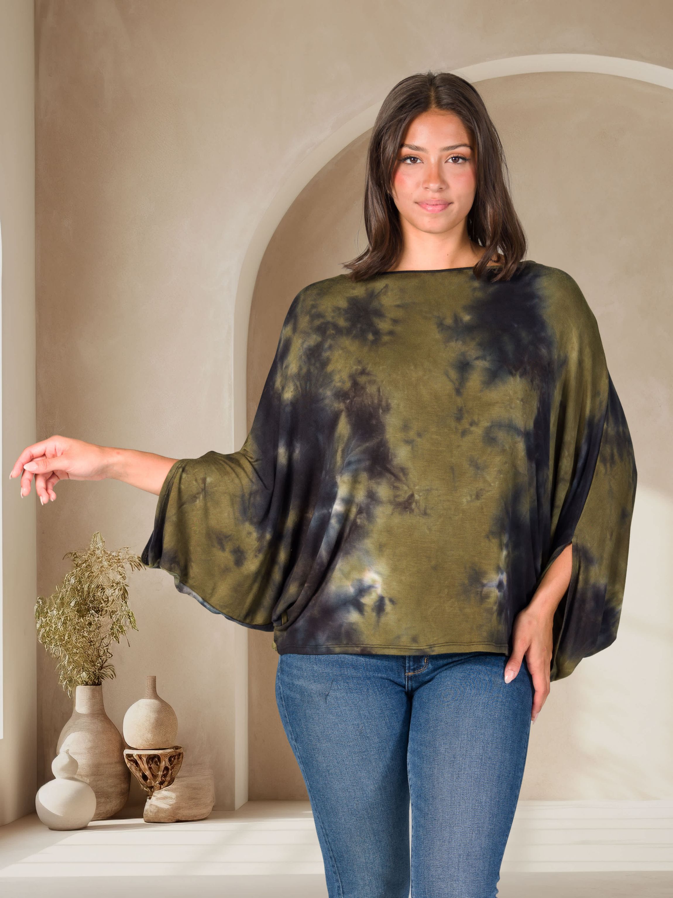 Womens Green Tie Dye Batwing Sleeve Relaxed Fit Top
