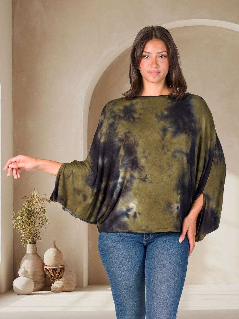 Womens Green Tie Dye Batwing Sleeve Relaxed Fit Top