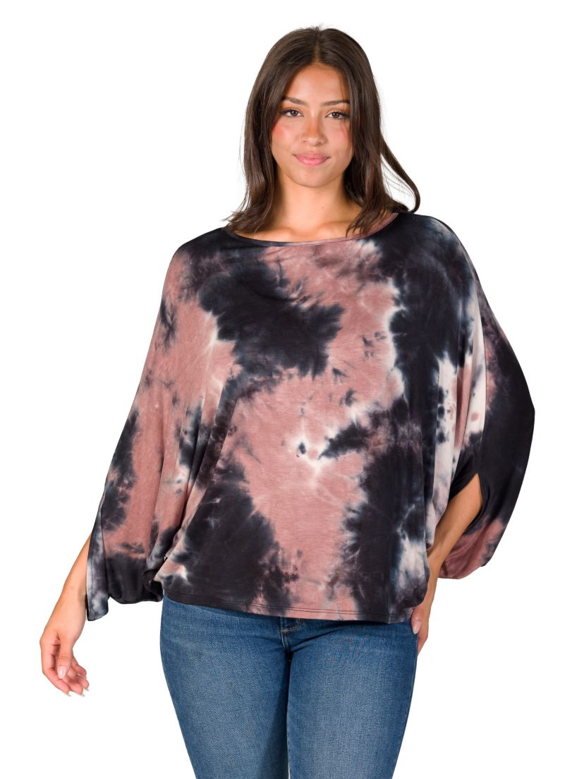 Womens Mocha Tie Dye Batwing Sleeve Relaxed Fit Top