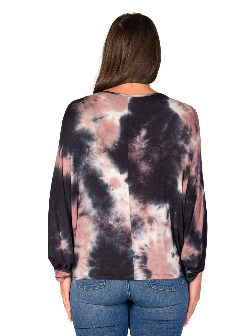 Womens Mocha Tie Dye Batwing Sleeve Relaxed Fit Top