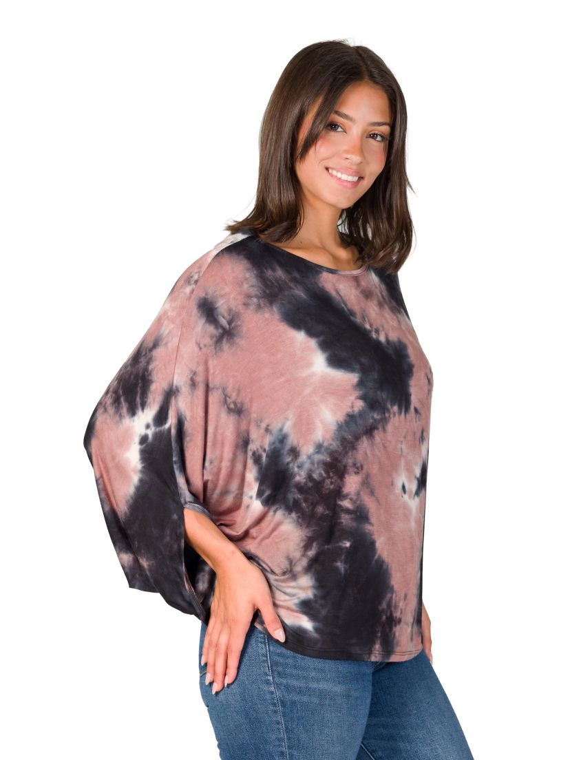 Womens Mocha Tie Dye Batwing Sleeve Relaxed Fit Top