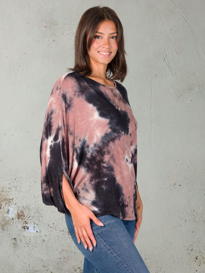 Womens Mocha Tie Dye Batwing Sleeve Relaxed Fit Top