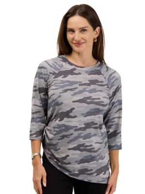 24seven Comfort Apparel Basic Womens Soft Stretch Three-Quarter Sleeve Camouflage Top