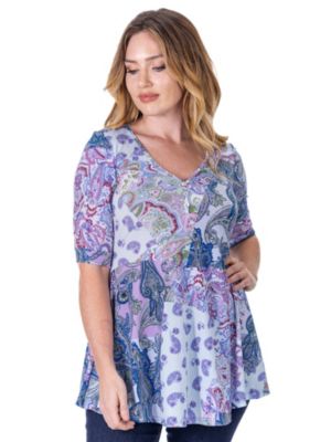 24seven Comfort Apparel Women's Purple Paisley Print Elbow Sleeve V Neck Henley Tunic Top