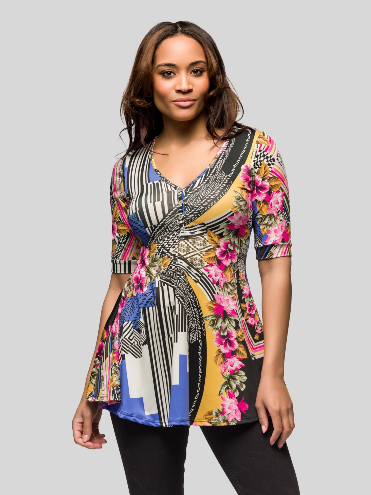 Womens Multicolor Floral Print Elbow Sleeve V Neck Henley Tunic Top