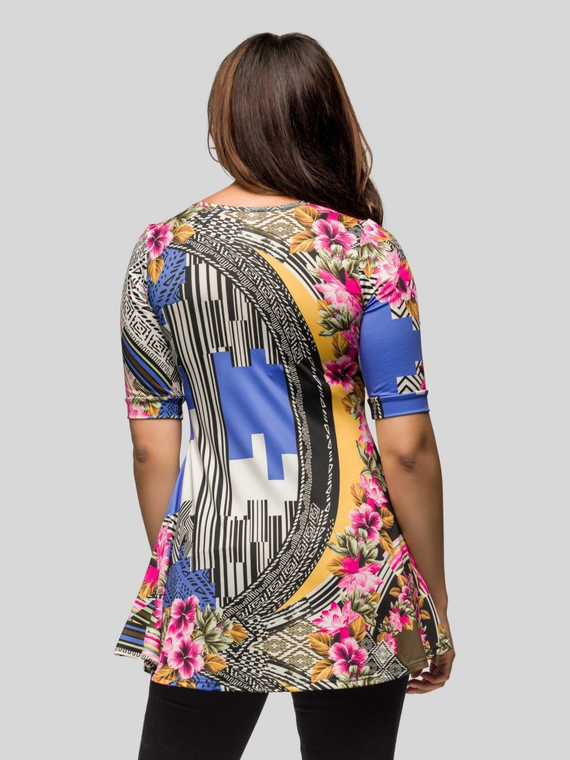 Womens Multicolor Floral Print Elbow Sleeve V Neck Henley Tunic Top