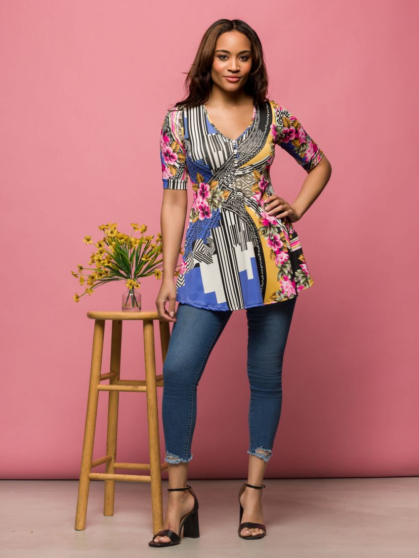 Womens Multicolor Floral Print Elbow Sleeve V Neck Henley Tunic Top