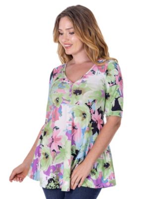 24seven Comfort Apparel Women's Pastel Color Floral Elbow Sleeve V Neck Henley Tunic Top