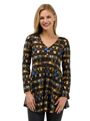 24seven Comfort Apparel Essential Womens Geometric Flared Long Sleeve Henley Tunic Top