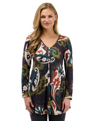 24seven Comfort Apparel Essential Womens Paisley Floral Flared Long Sleeve Henley Tunic Top