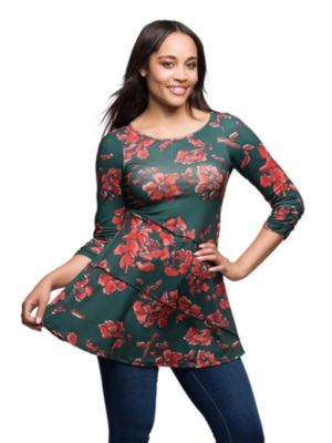 24seven Comfort Apparel Womens Green Floral Print Three Quarter Sleeve Tunic Top