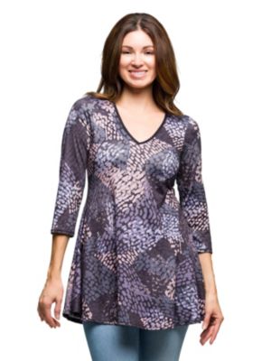 24seven Comfort Apparel Womens Gray Abstract Print V Neck three quarter Sleeve Tunic Top