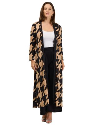 24seven Comfort Apparel Essential Womens Geometric Houndstooth Open Front Soft Stretch Long Cardigan