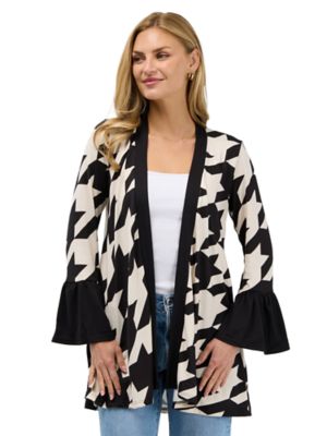 24seven Comfort Apparel Essential Womens Geometric Houndstooth Soft Stretch Bell Sleeve Open Front Jacket