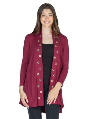 24seven Comfort Apparel Women's Long Sleeve Mid Thigh Open Front Cardigan with Grommet Details